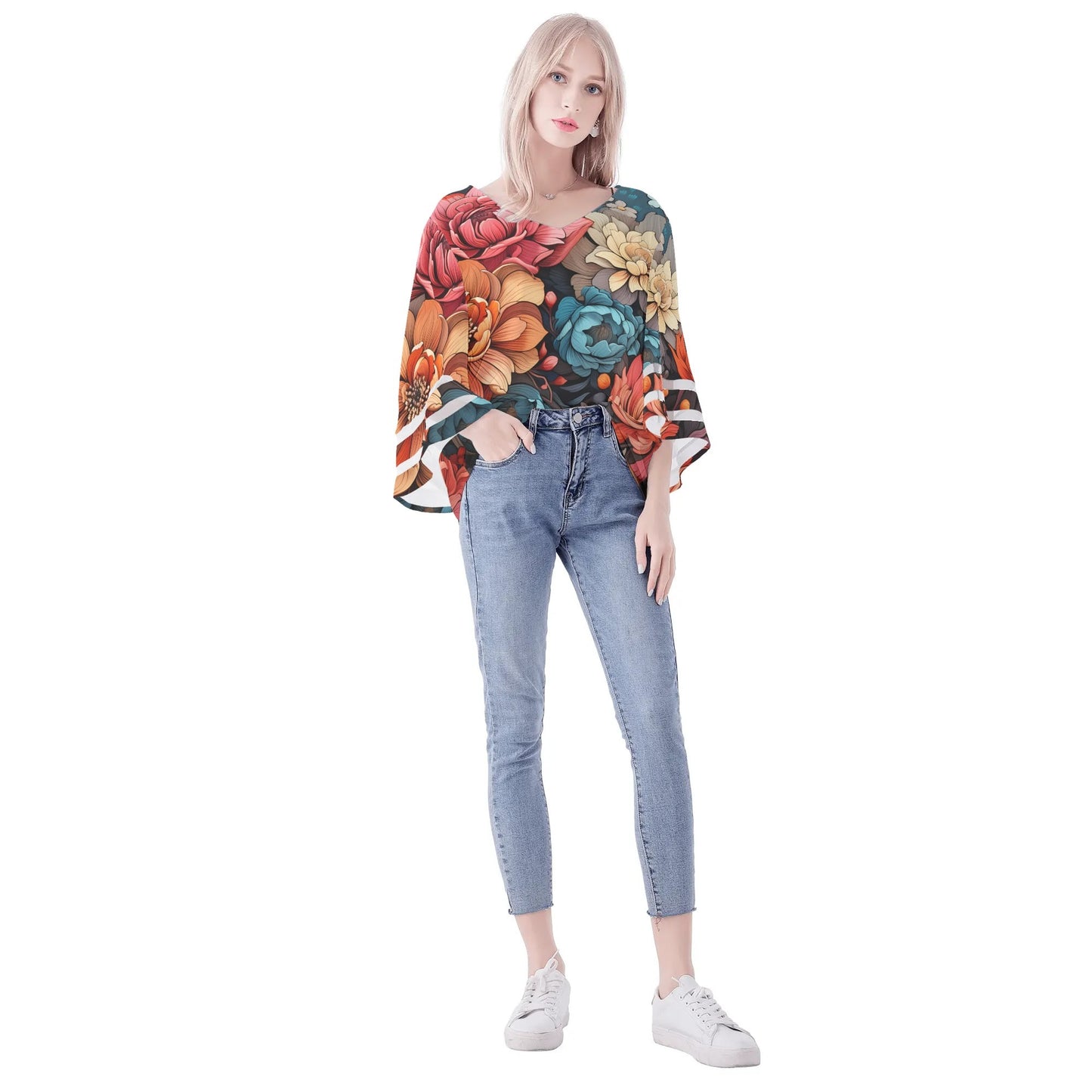 Womens Floral Print Loose Chiffon Blouse with Bell Sleeves