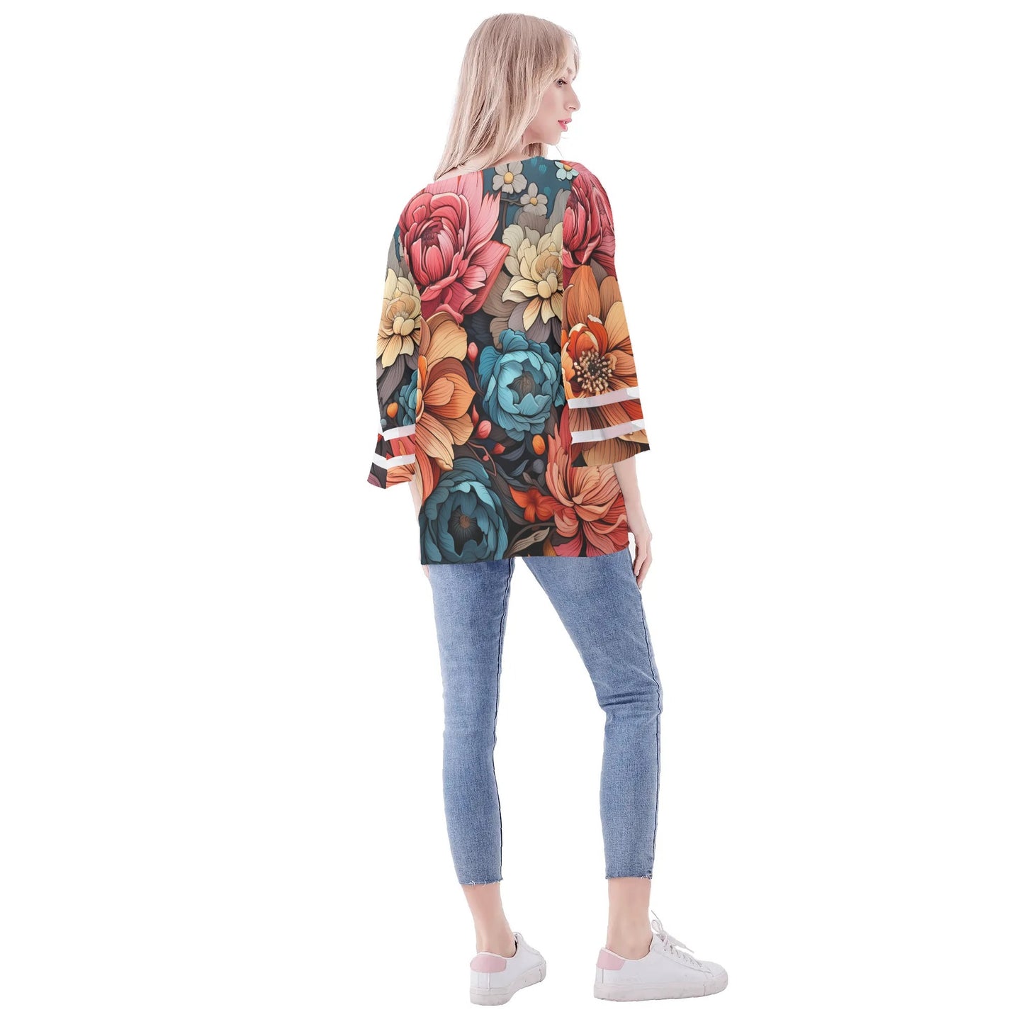 Womens Floral Print Loose Chiffon Blouse with Bell Sleeves