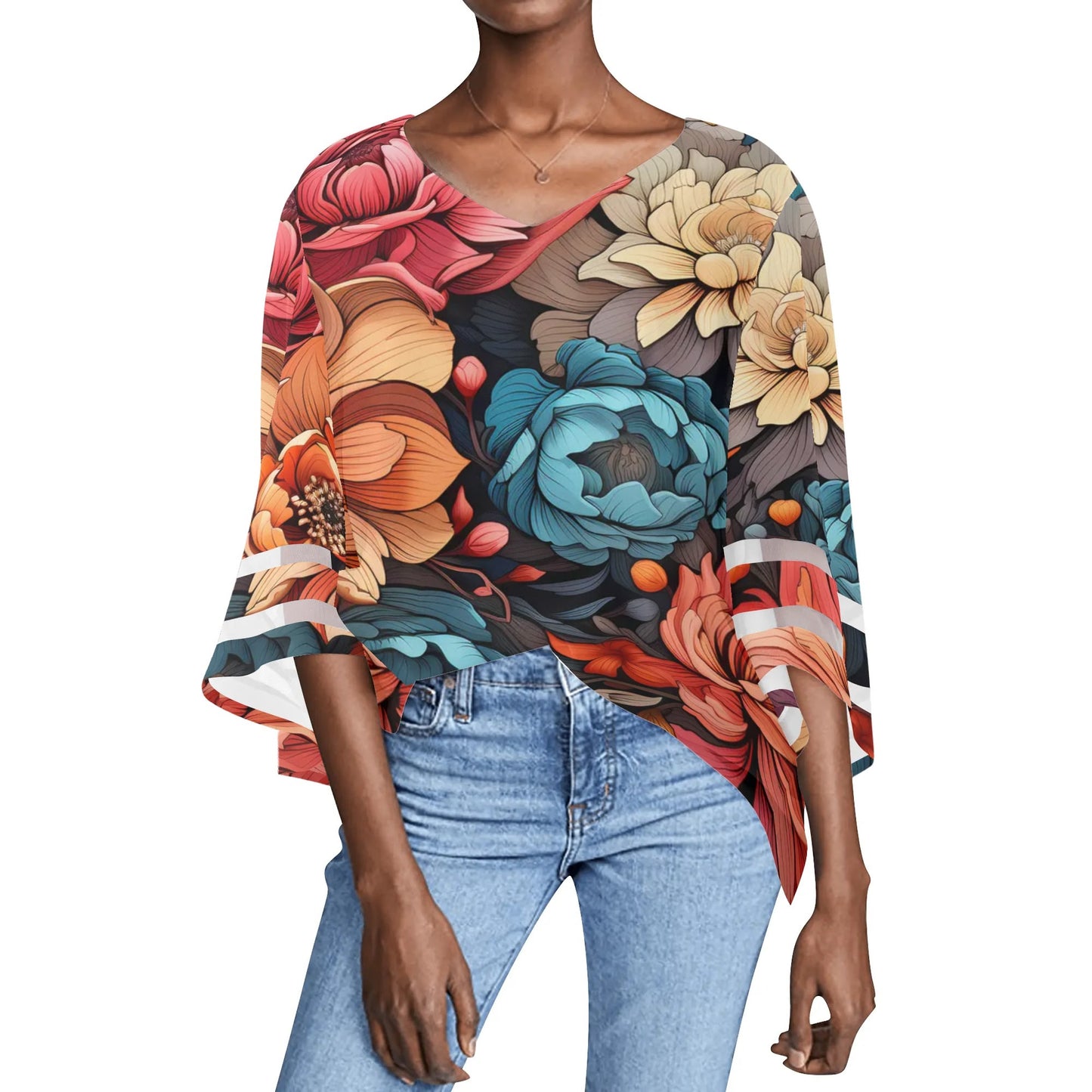 Womens Floral Print Loose Chiffon Blouse with Bell Sleeves