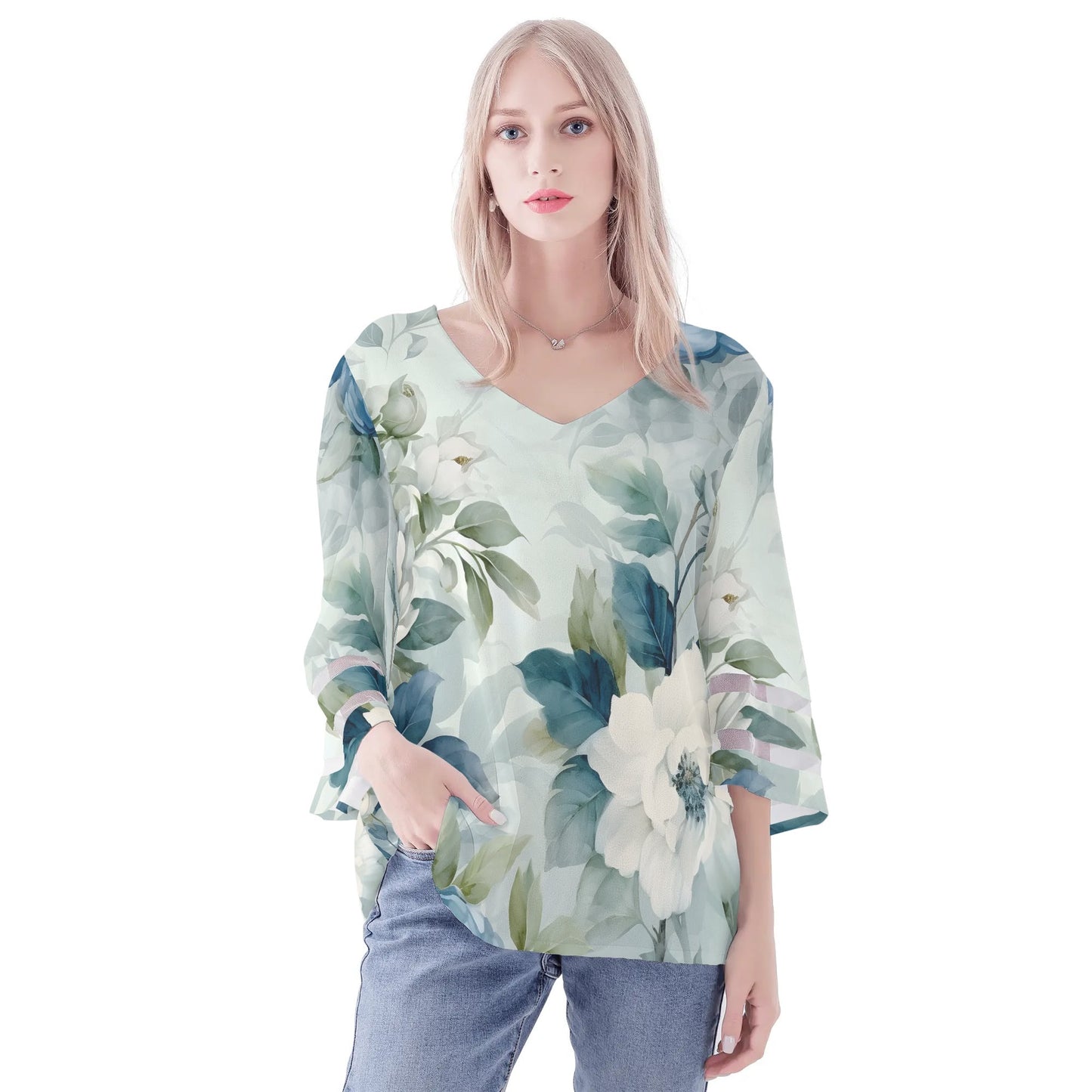 Womens Floral Print Loose Chiffon Blouse with Bell Sleeves