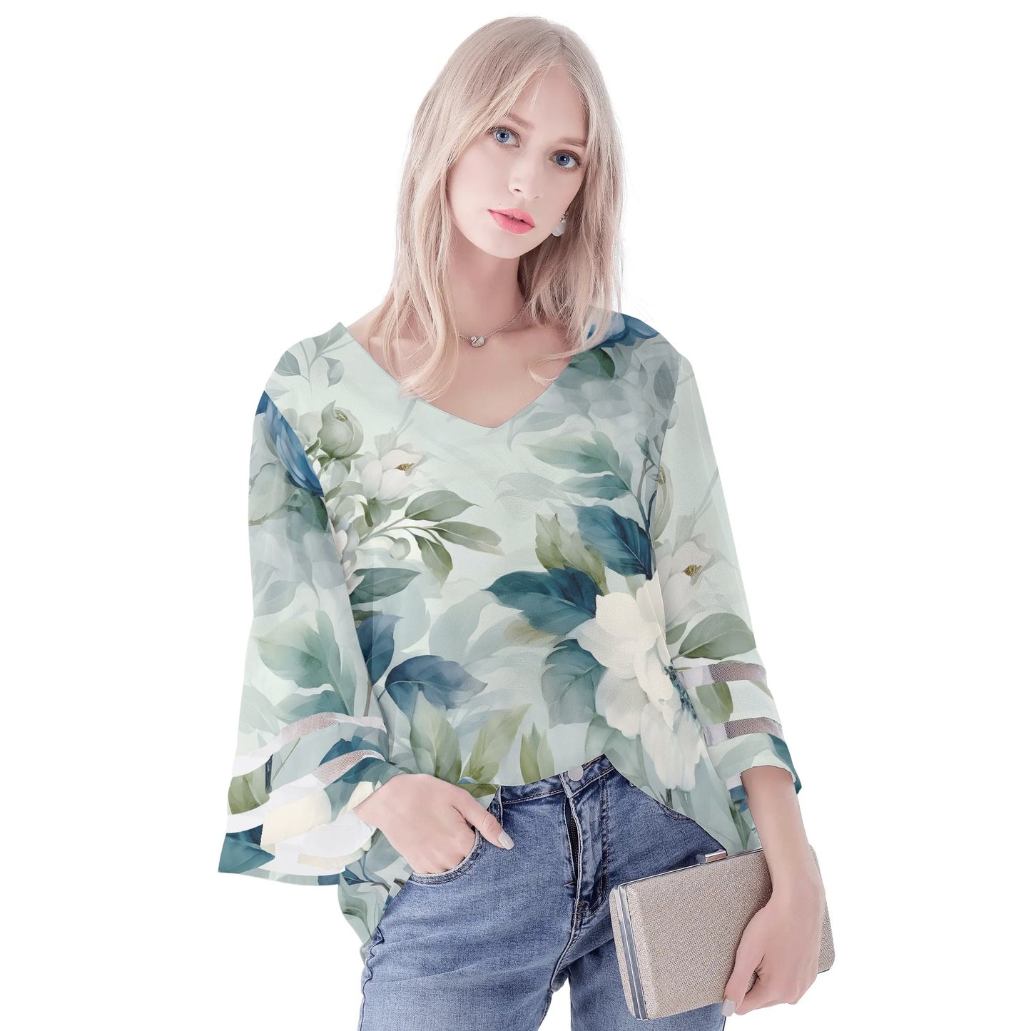 Womens Floral Print Loose Chiffon Blouse with Bell Sleeves