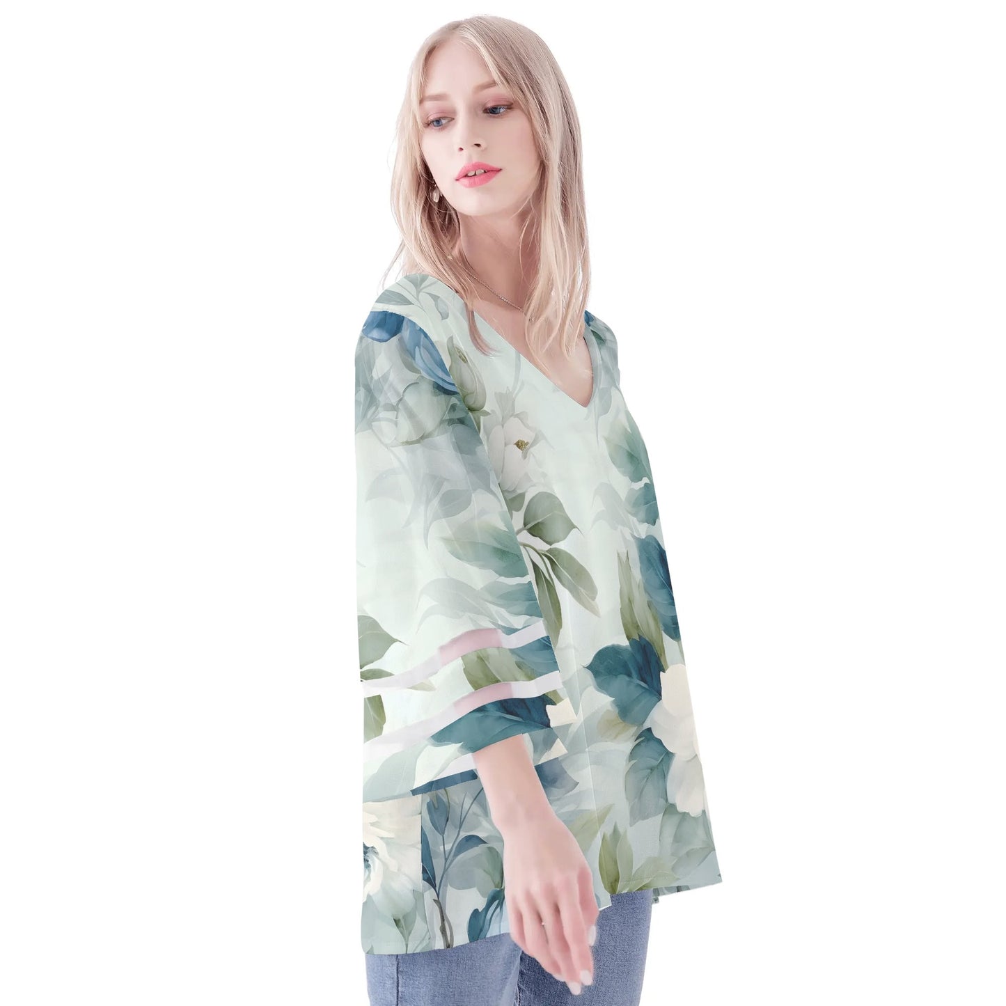 Womens Floral Print Loose Chiffon Blouse with Bell Sleeves