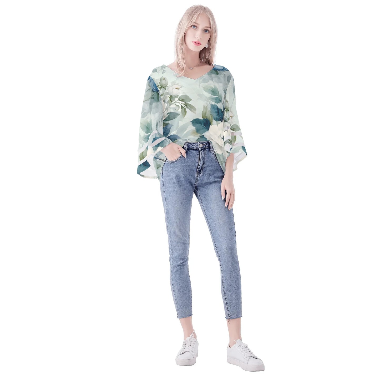 Womens Floral Print Loose Chiffon Blouse with Bell Sleeves