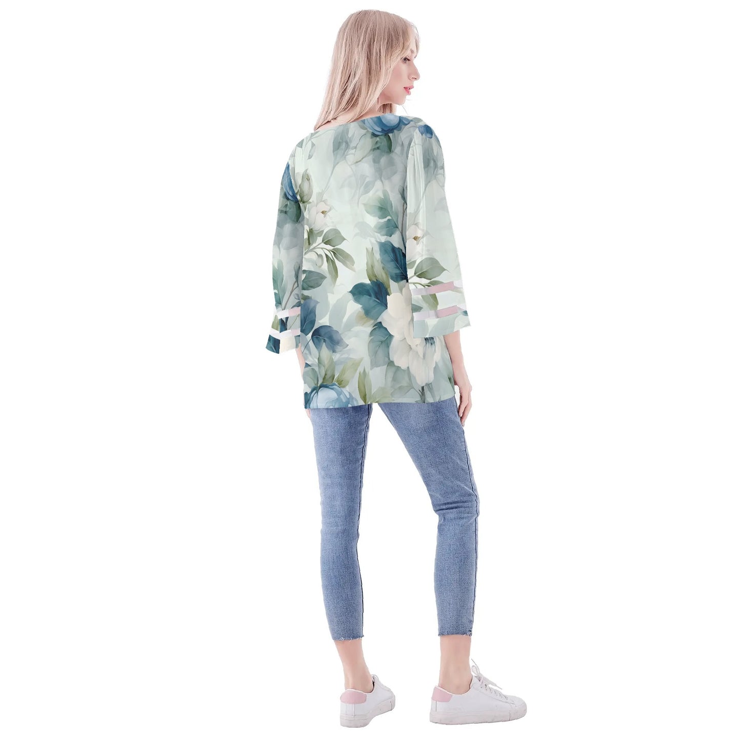 Womens Floral Print Loose Chiffon Blouse with Bell Sleeves