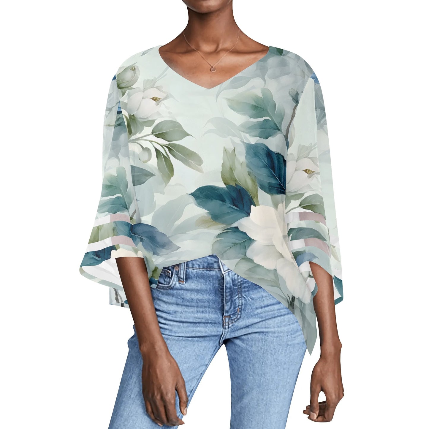 Womens Floral Print Loose Chiffon Blouse with Bell Sleeves