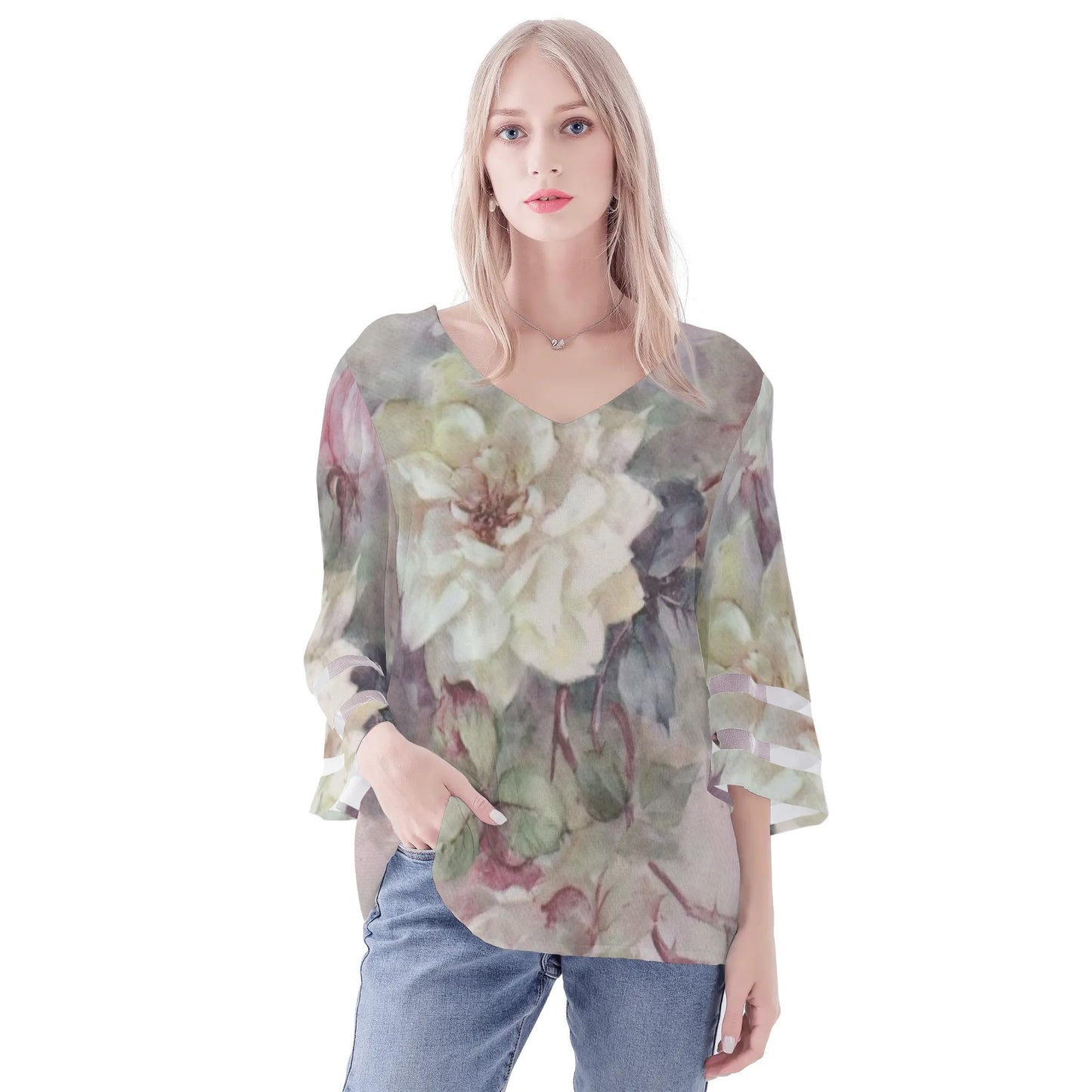 Womens Floral Print Loose Chiffon Blouse with Bell Sleeves