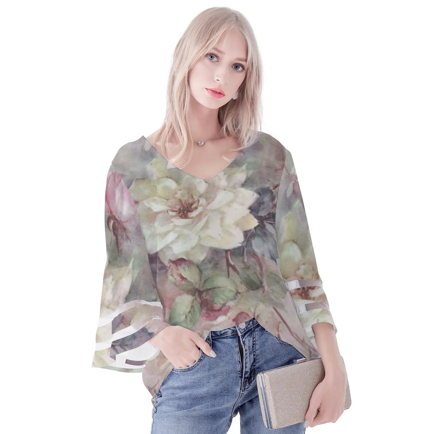 Womens Floral Print Loose Chiffon Blouse with Bell Sleeves