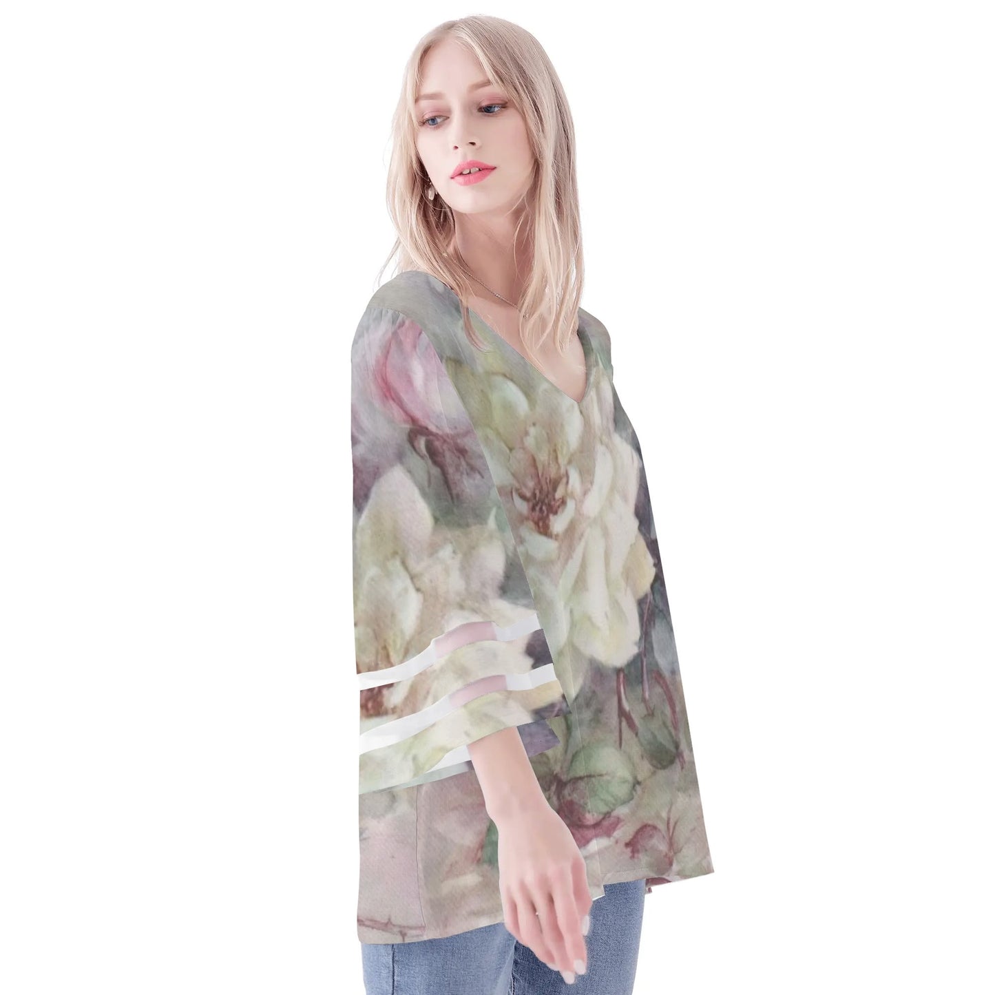 Womens Floral Print Loose Chiffon Blouse with Bell Sleeves