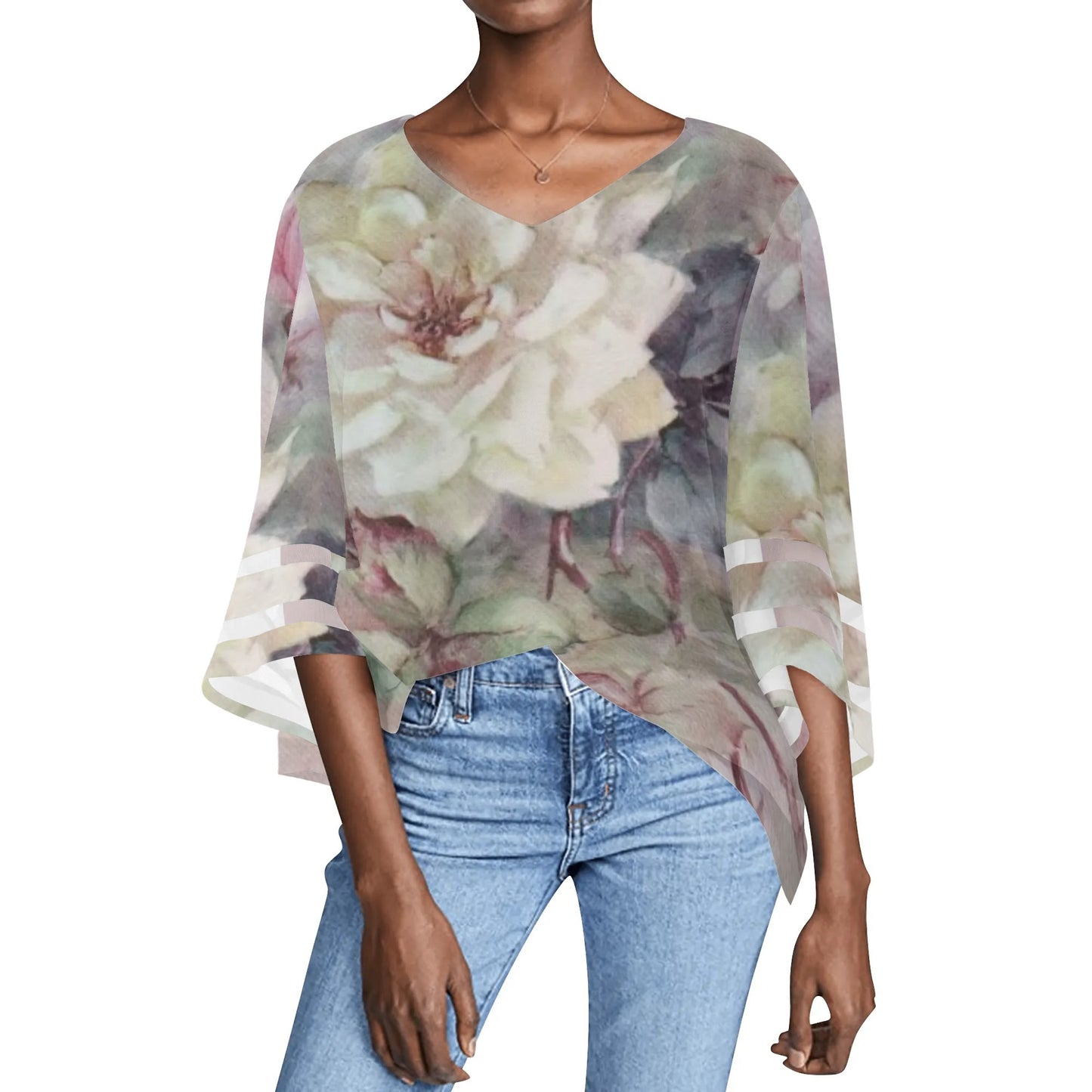 Womens Floral Print Loose Chiffon Blouse with Bell Sleeves