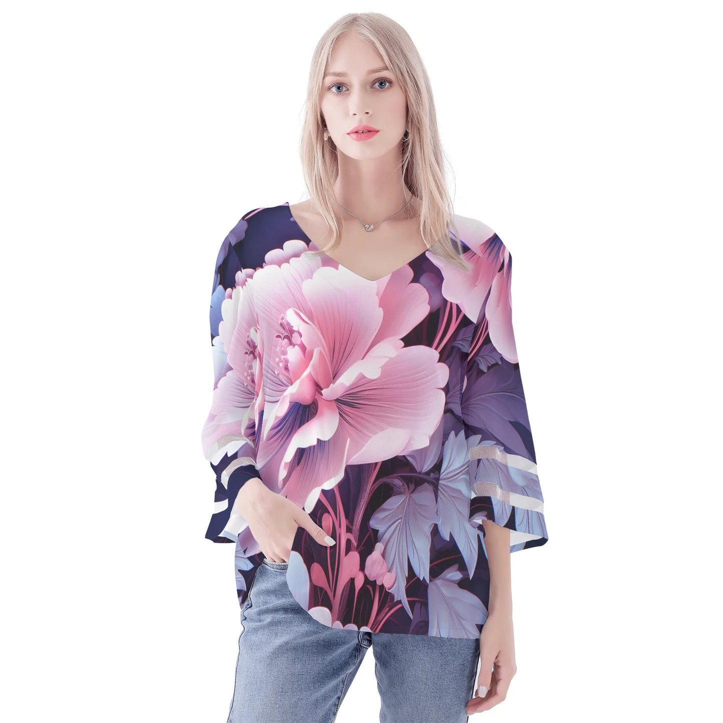 Womens Floral Print Loose Chiffon Blouse with Bell Sleeves