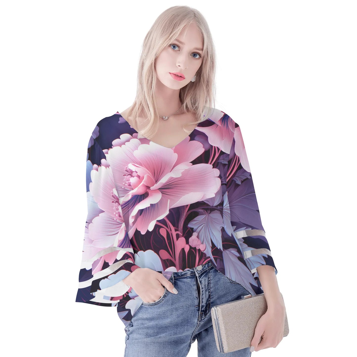 Womens Floral Print Loose Chiffon Blouse with Bell Sleeves