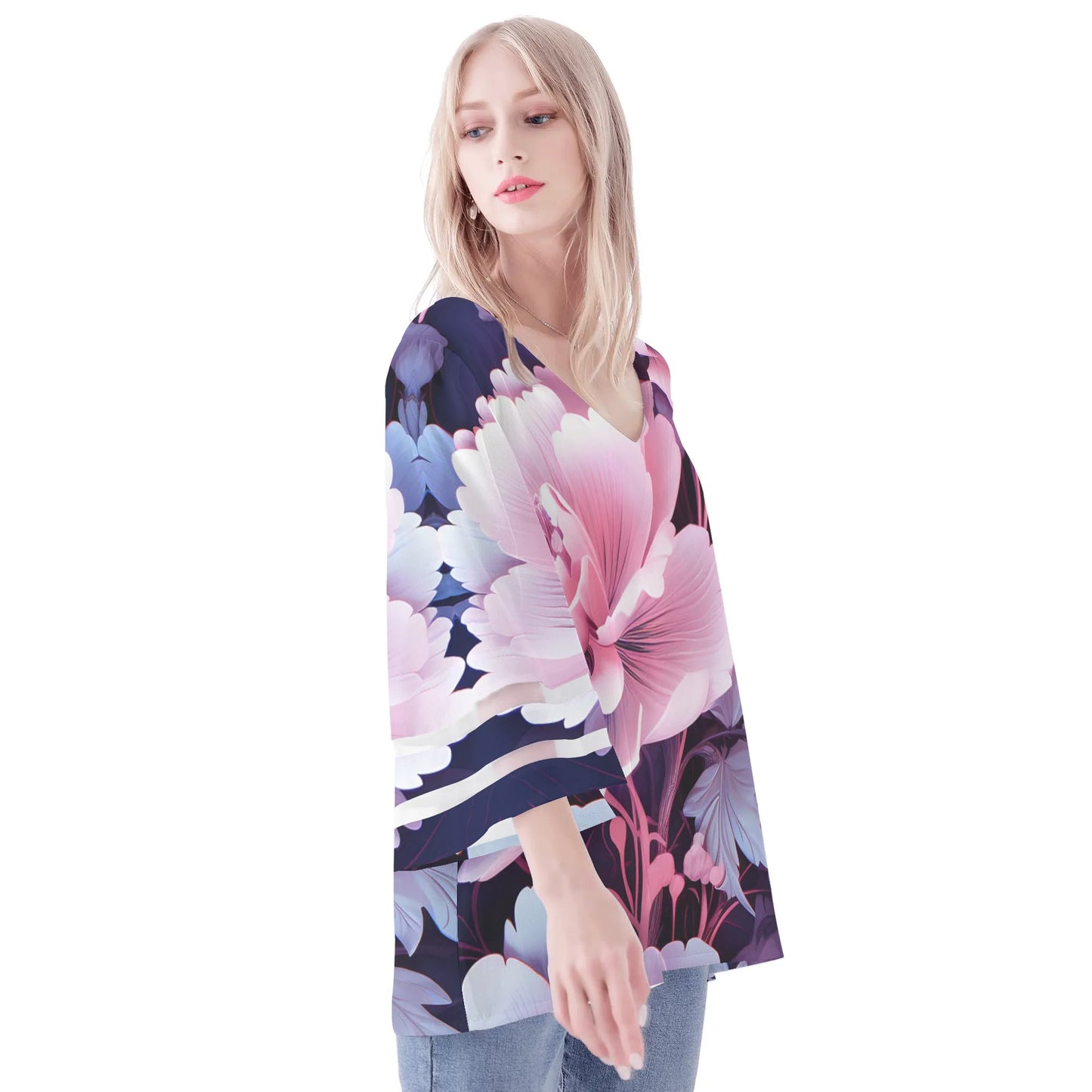 Womens Floral Print Loose Chiffon Blouse with Bell Sleeves