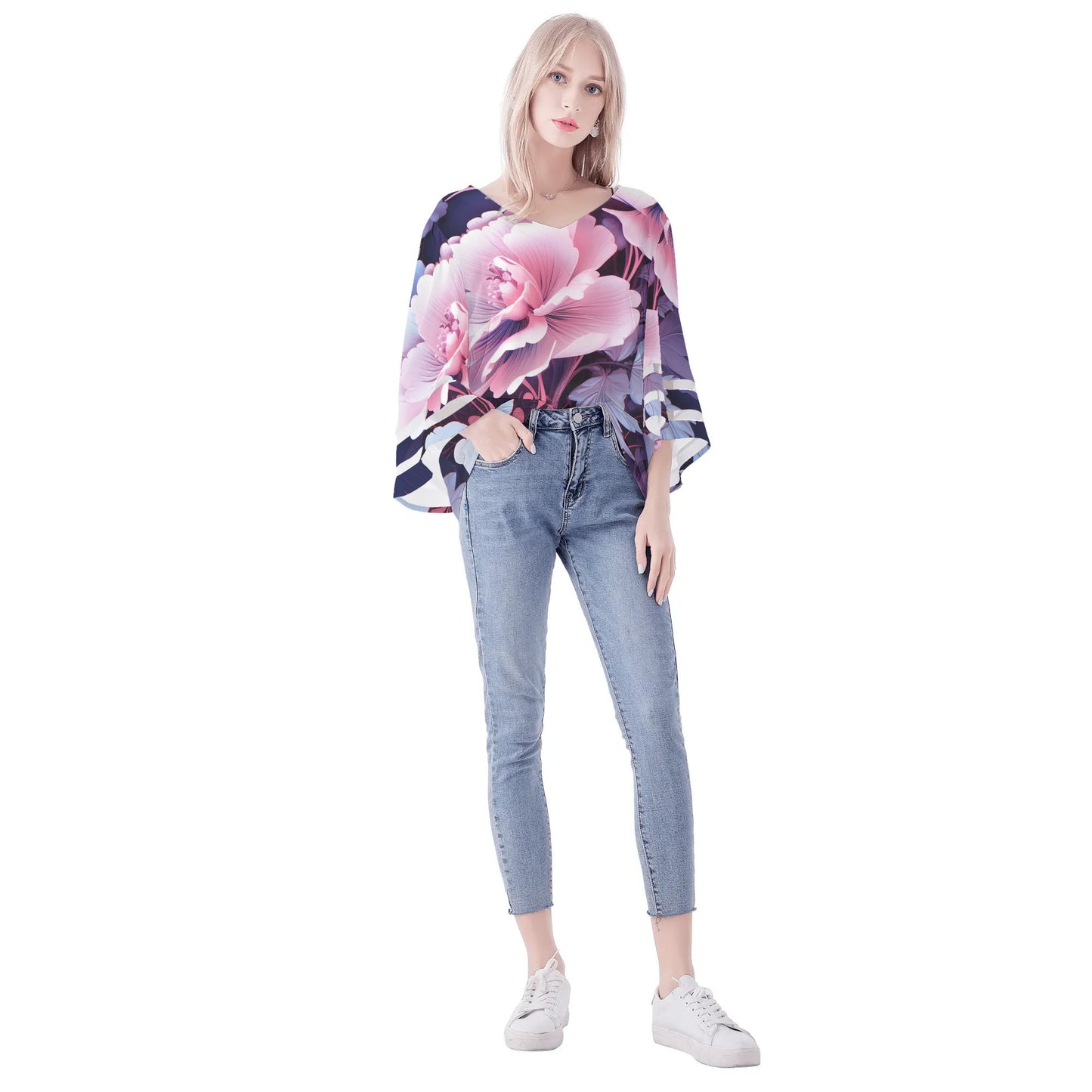 Womens Floral Print Loose Chiffon Blouse with Bell Sleeves