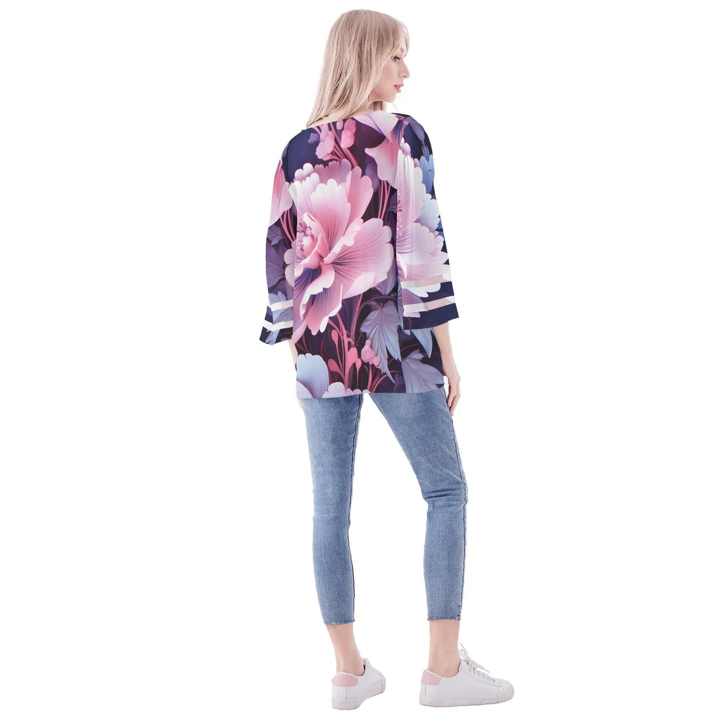 Womens Floral Print Loose Chiffon Blouse with Bell Sleeves