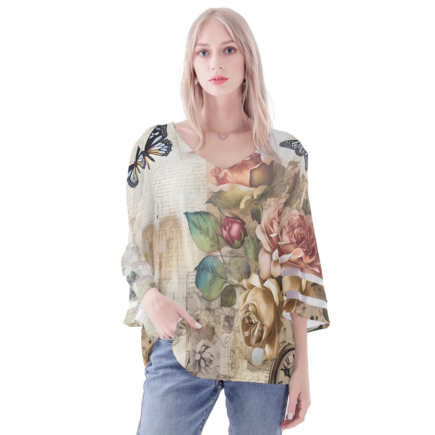 Womens Floral Print Loose Chiffon Blouse with Bell Sleeves