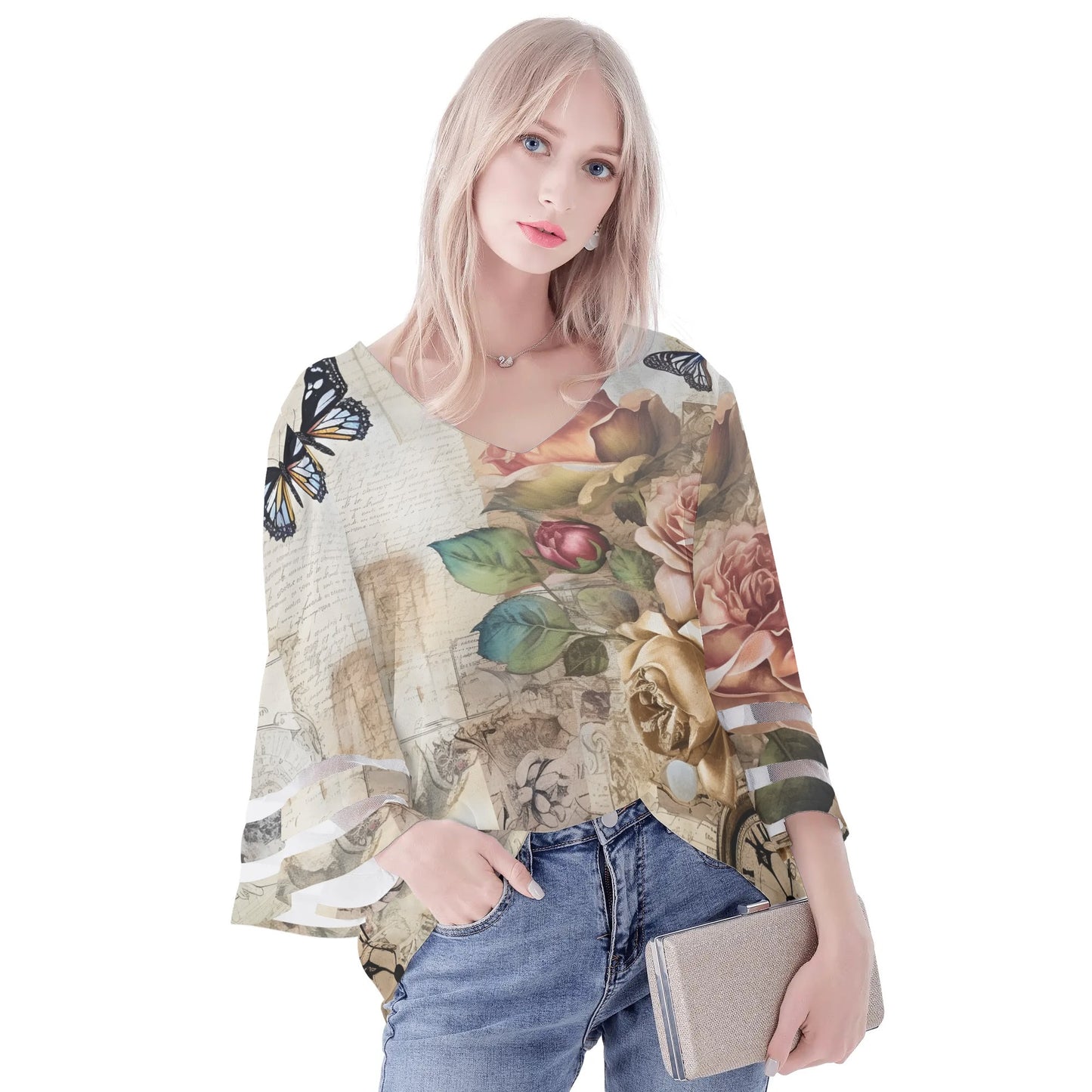 Womens Floral Print Loose Chiffon Blouse with Bell Sleeves