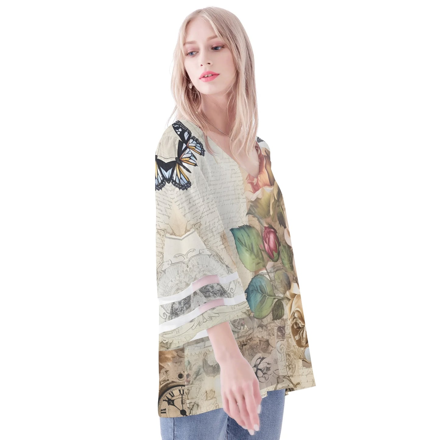 Womens Floral Print Loose Chiffon Blouse with Bell Sleeves