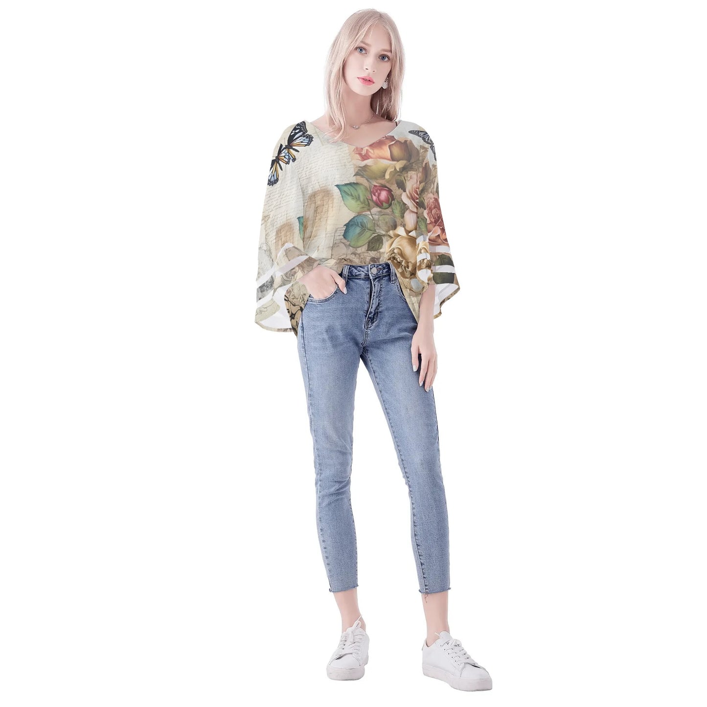 Womens Floral Print Loose Chiffon Blouse with Bell Sleeves