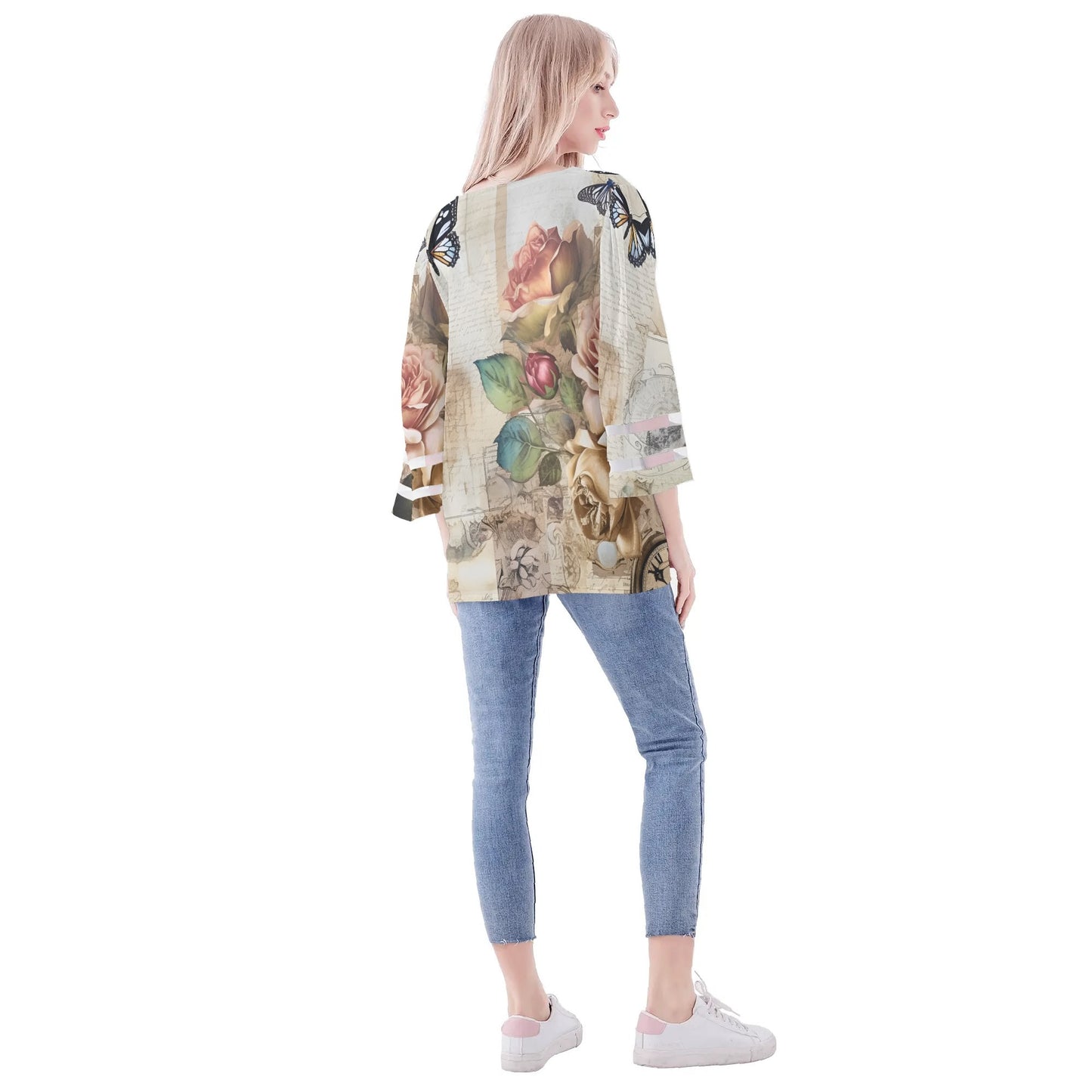 Womens Floral Print Loose Chiffon Blouse with Bell Sleeves