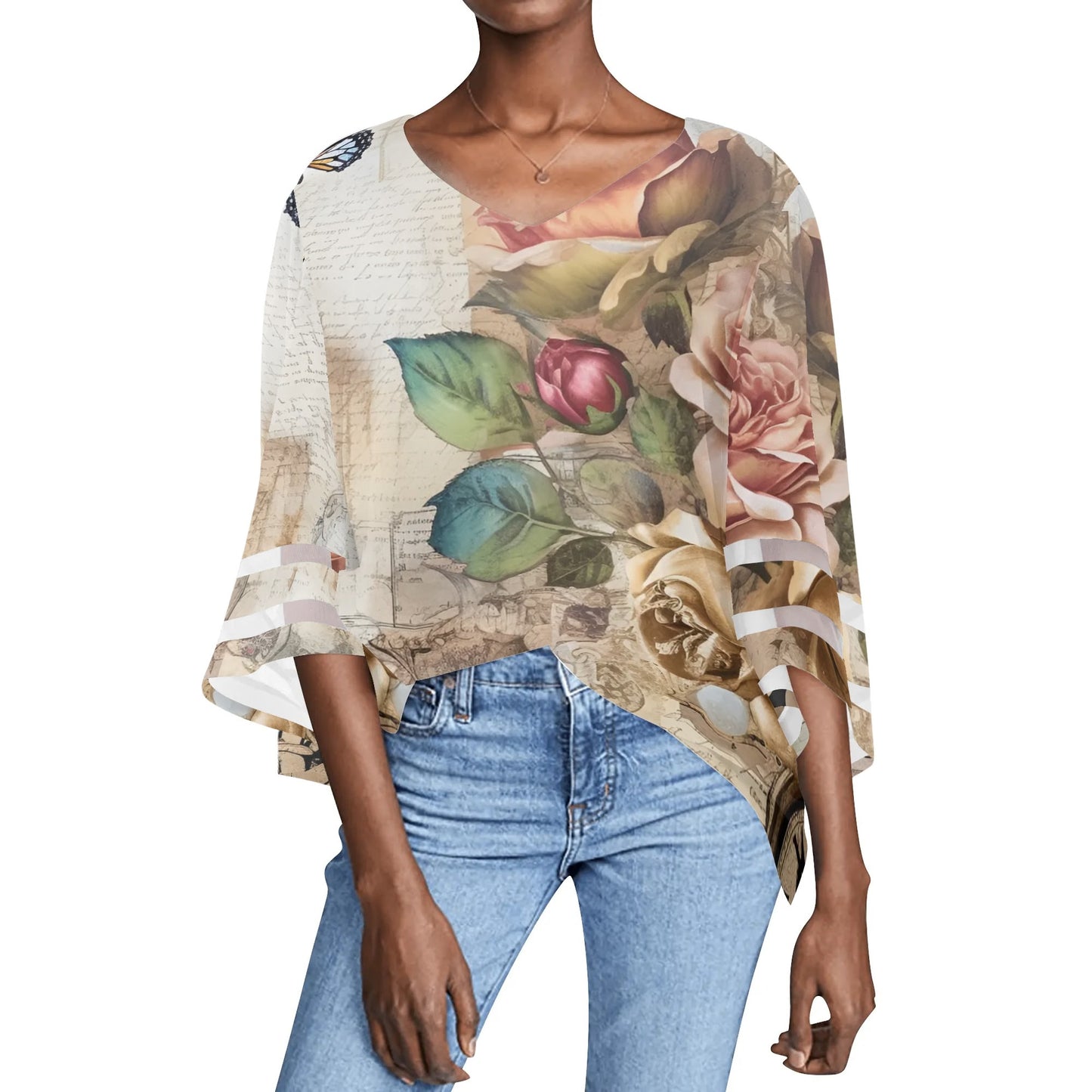 Womens Floral Print Loose Chiffon Blouse with Bell Sleeves