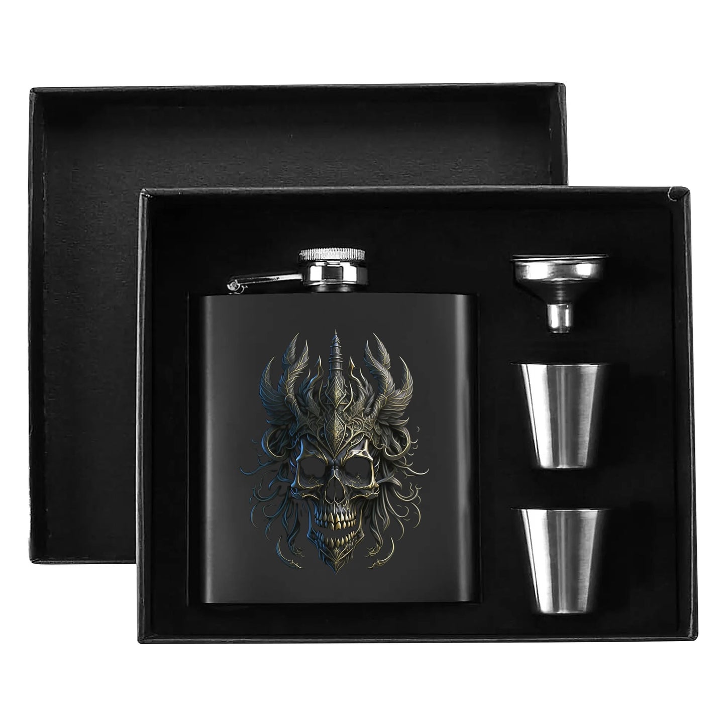 Black Skull Graphic 7oz Black Stainless Steel Hip Flask Set