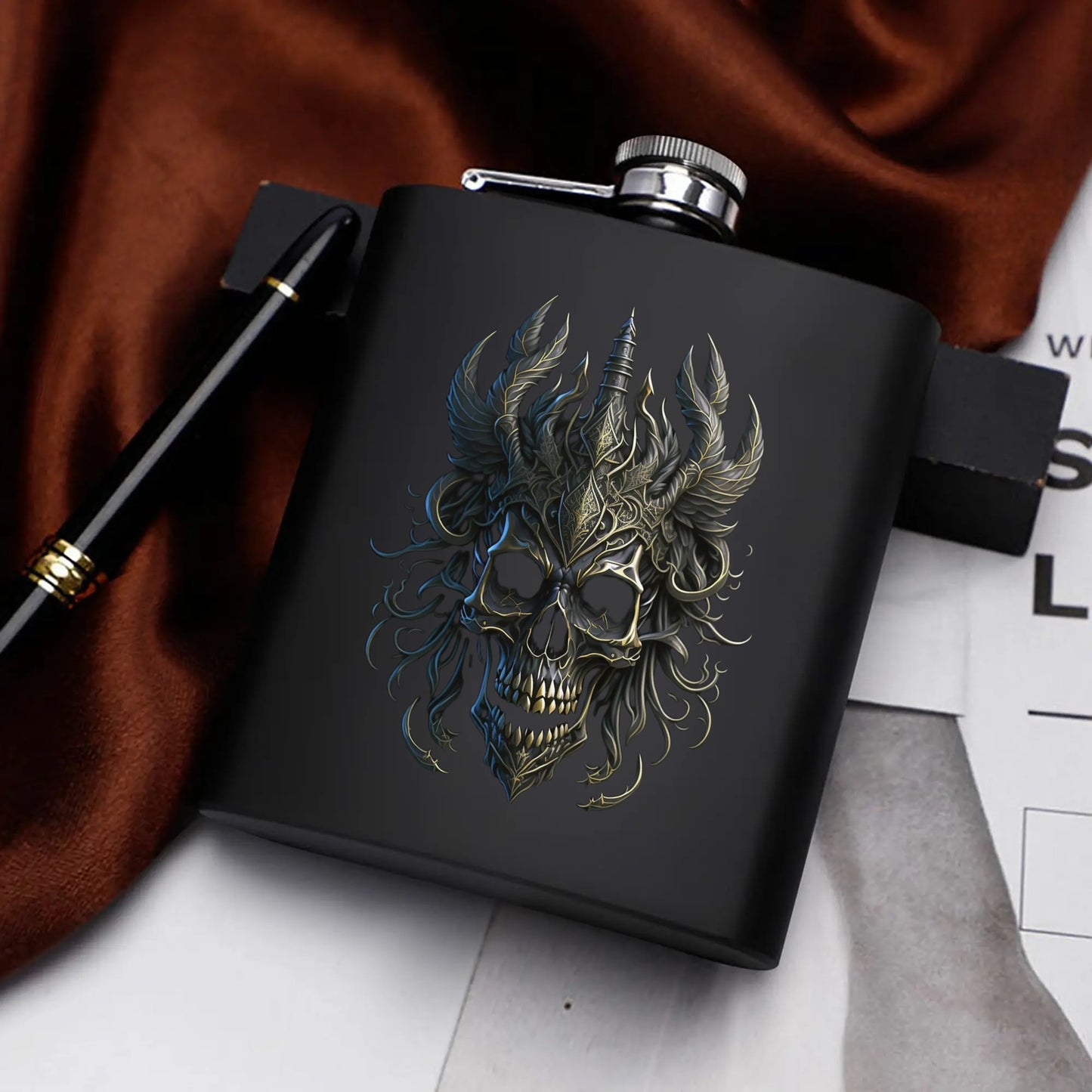 Black Skull Graphic 7oz Black Stainless Steel Hip Flask Set