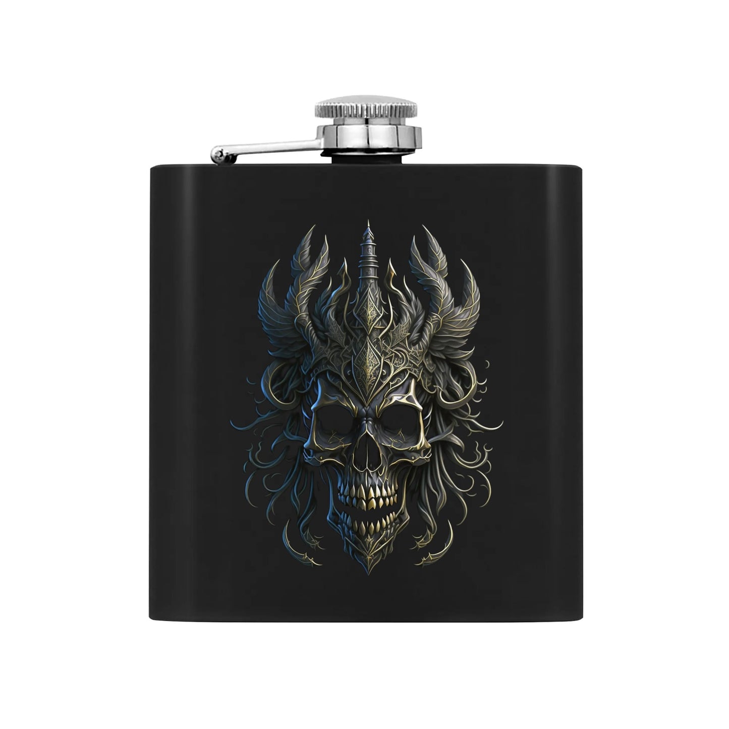 Black Skull Graphic 7oz Black Stainless Steel Hip Flask Set