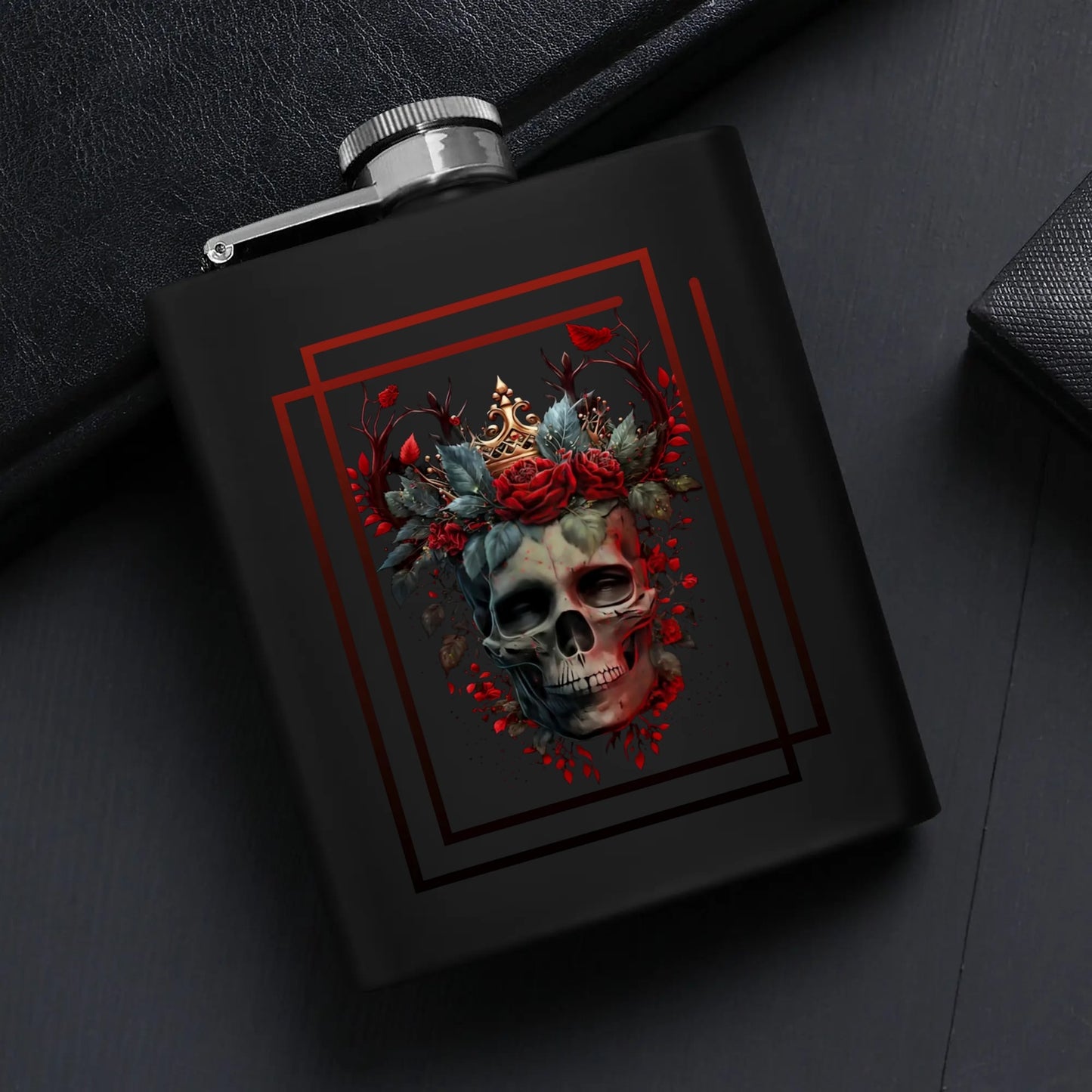 Black Skull Graphic 7oz Black Stainless Steel Hip Flask Set