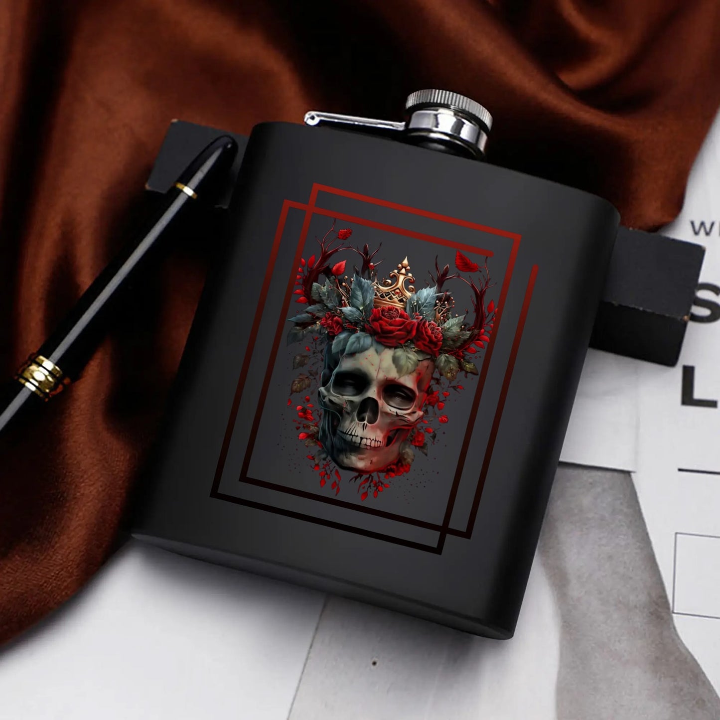 Black Skull Graphic 7oz Black Stainless Steel Hip Flask Set