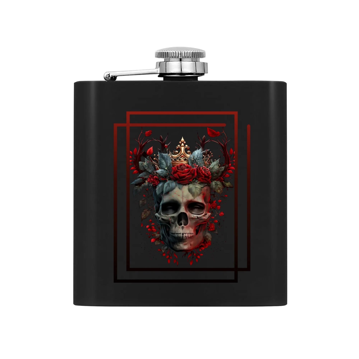 Black Skull Graphic 7oz Black Stainless Steel Hip Flask Set