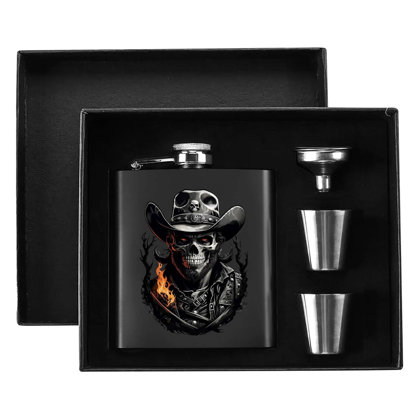 Black Skull Graphic 7oz Black Stainless Steel Hip Flask Set