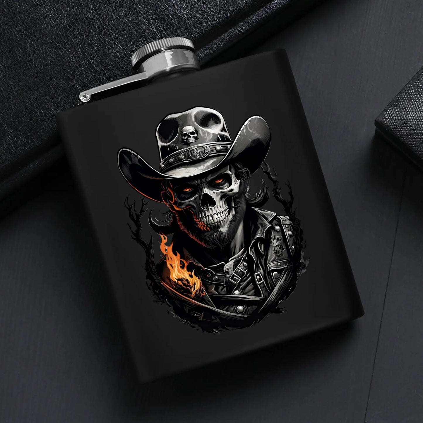 Black Skull Graphic 7oz Black Stainless Steel Hip Flask Set