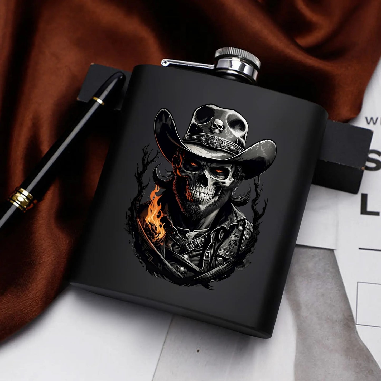 Black Skull Graphic 7oz Black Stainless Steel Hip Flask Set