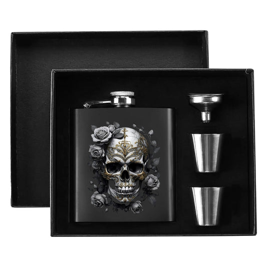 Black Skull Graphic 7oz Black Stainless Steel Hip Flask Set