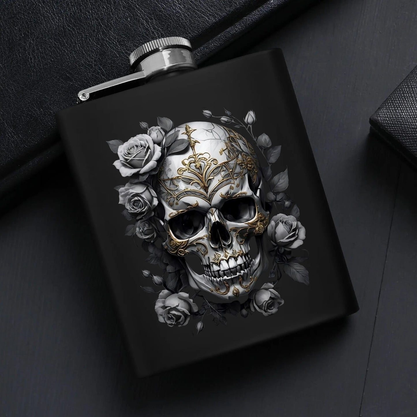 Black Skull Graphic 7oz Black Stainless Steel Hip Flask Set