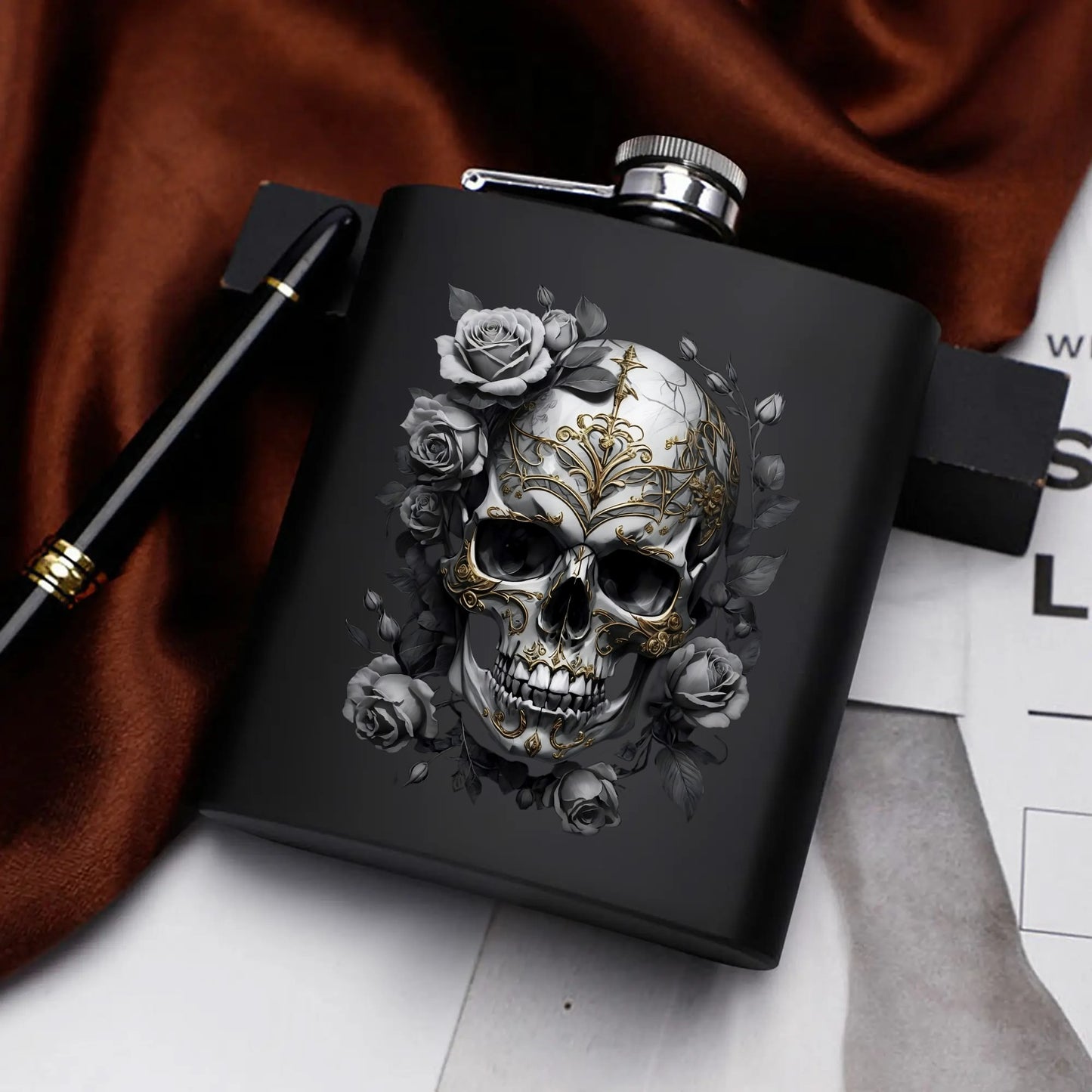 Black Skull Graphic 7oz Black Stainless Steel Hip Flask Set