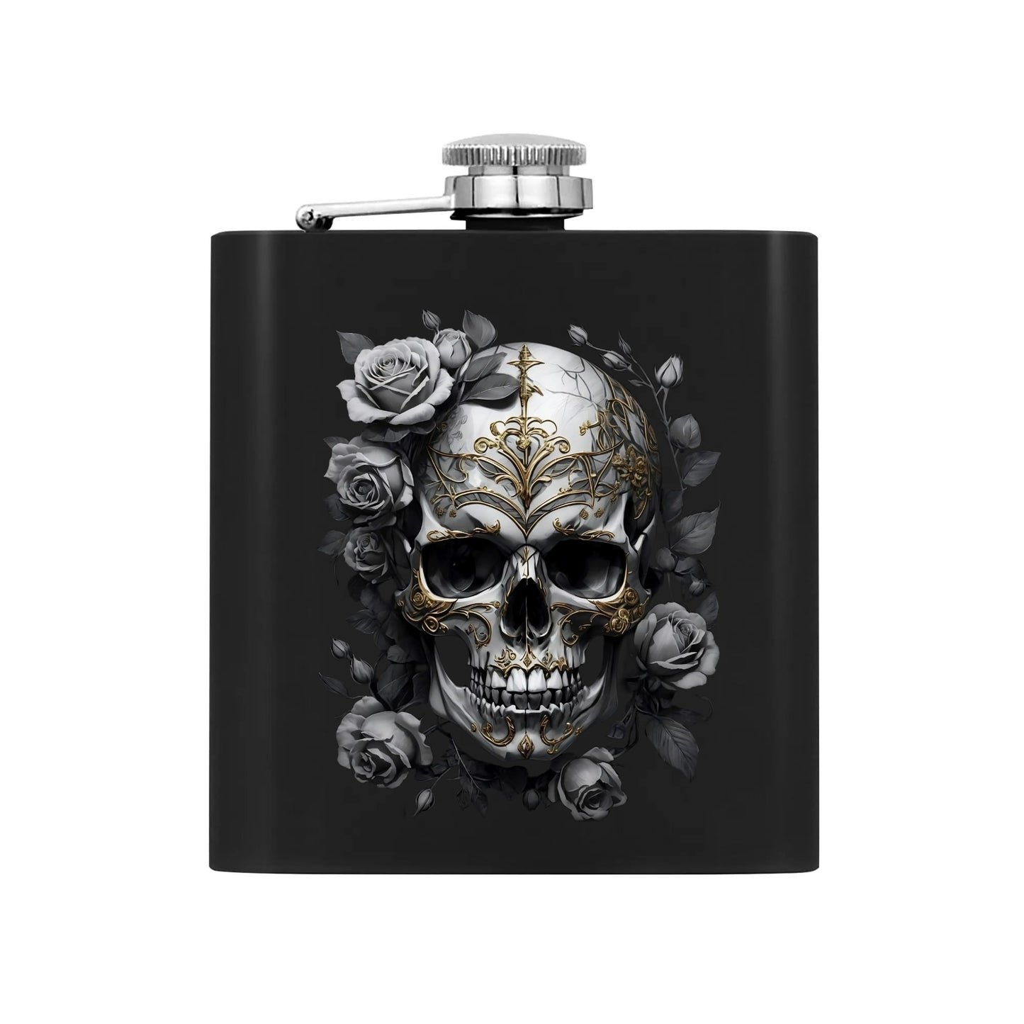 Black Skull Graphic 7oz Black Stainless Steel Hip Flask Set