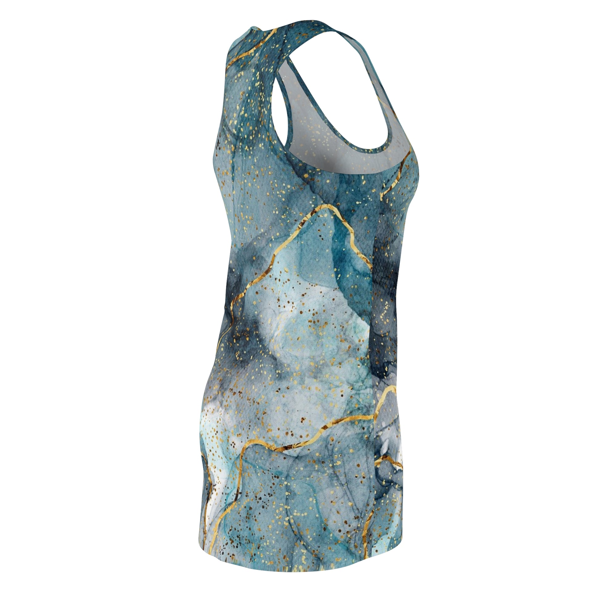 Women's Turquoise  Acrylic Pour With Gold Lines Cut & Sew Racerback Dress - NocturnalExpressions