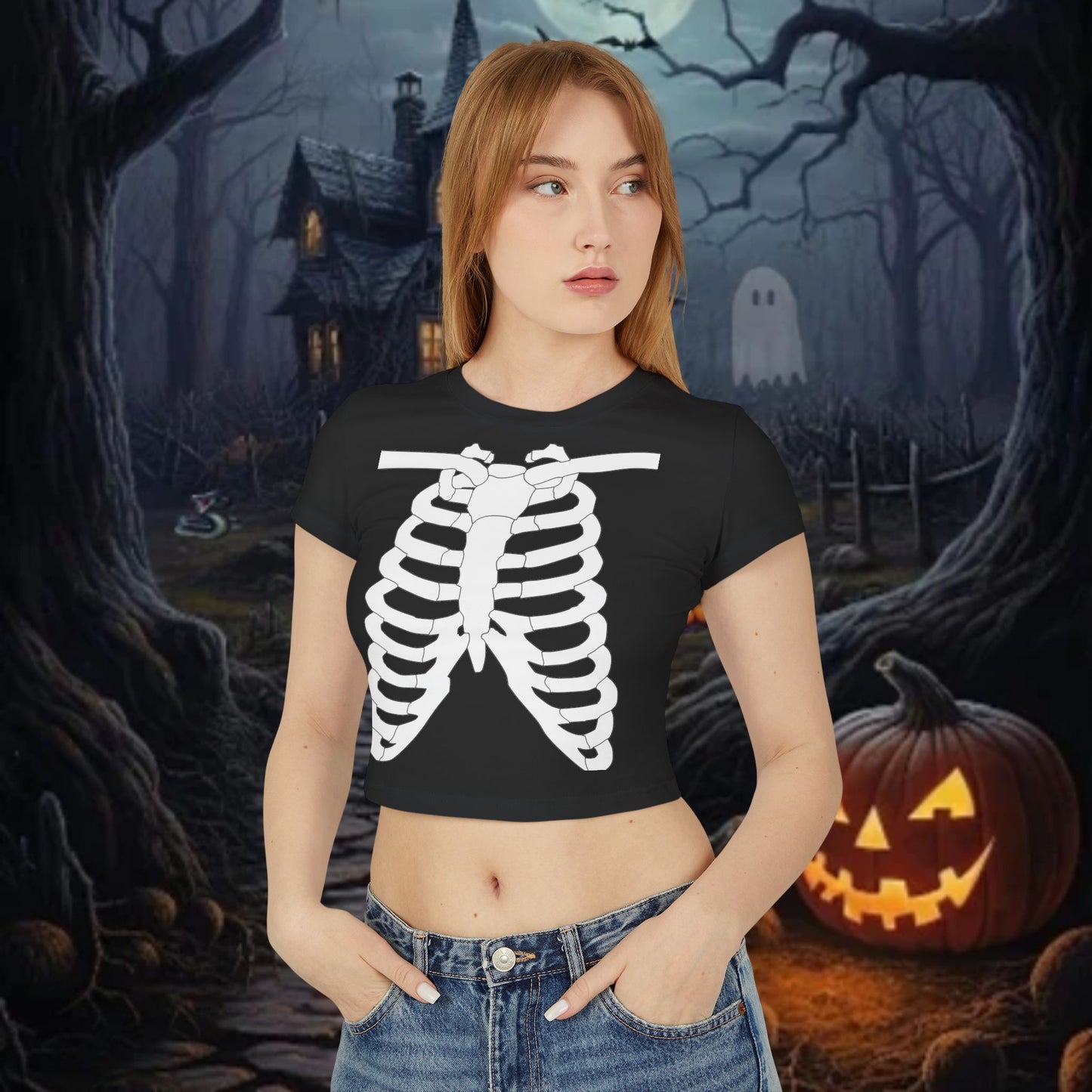 Women's Skeleton Ribs Graphic Baby Tee