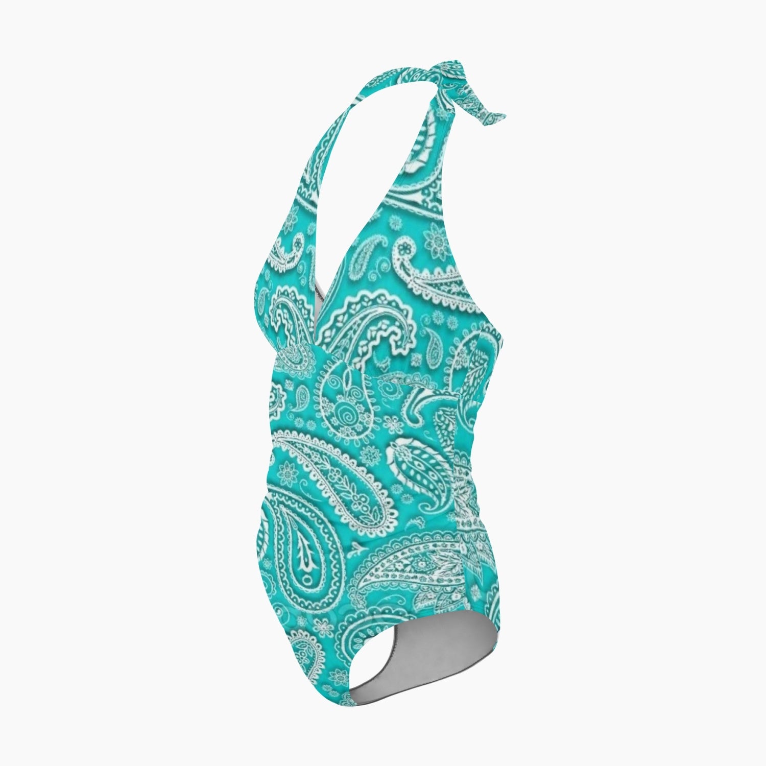 Teal and White Paisley Print Halter Top V-neck One-Piece Swimsuit - NocturnalExpressions