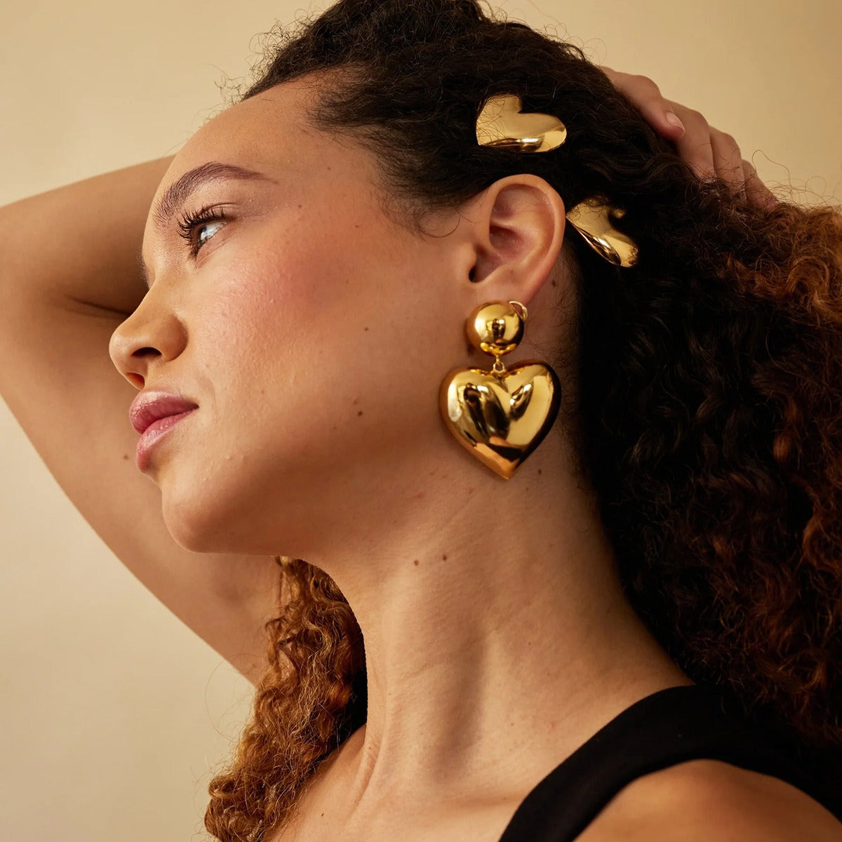 18K Gold Exquisite Simple Heart-shaped/Geometric Design Hair Accessories, Rings And Earrings Set