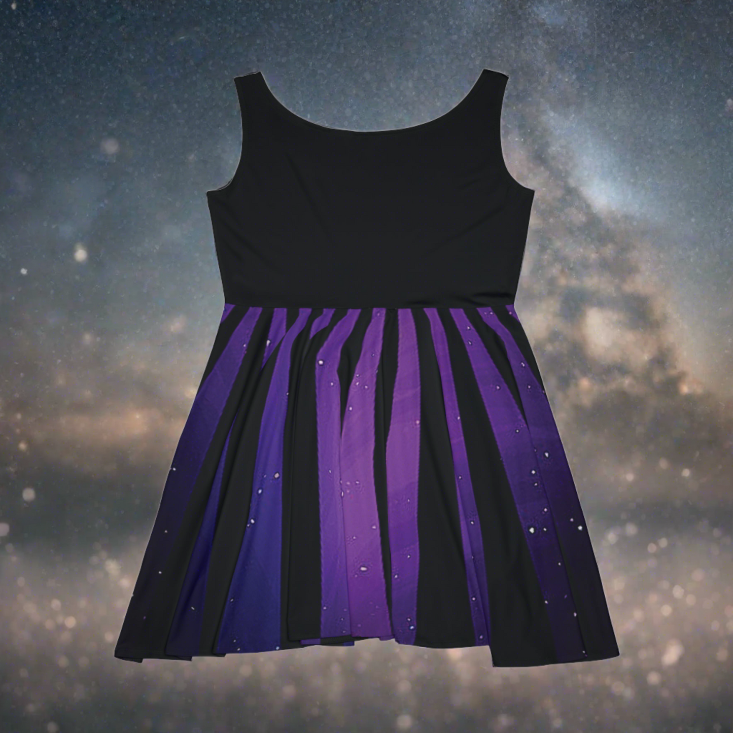 Women's Purple Starry Night Sky & Black Striped Graphic Design Sleeveless Skater Dress - NocturnalExpressions