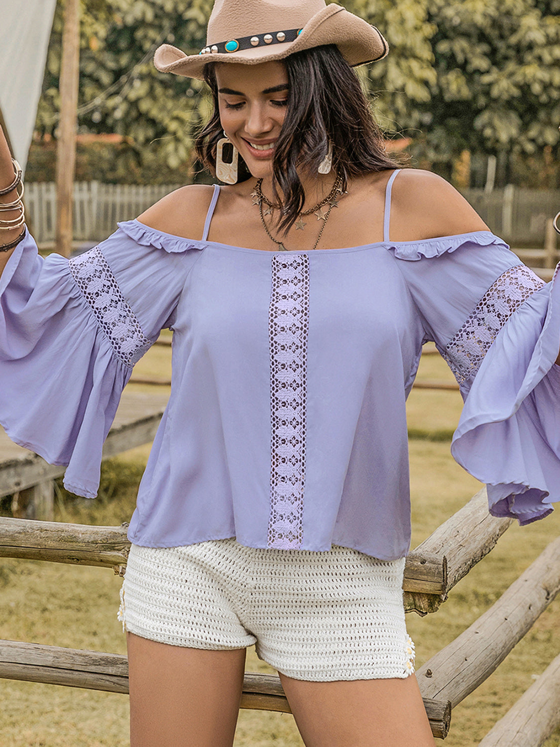 Square Neck Flare Sleeve Blouse - NocturnalExpressions