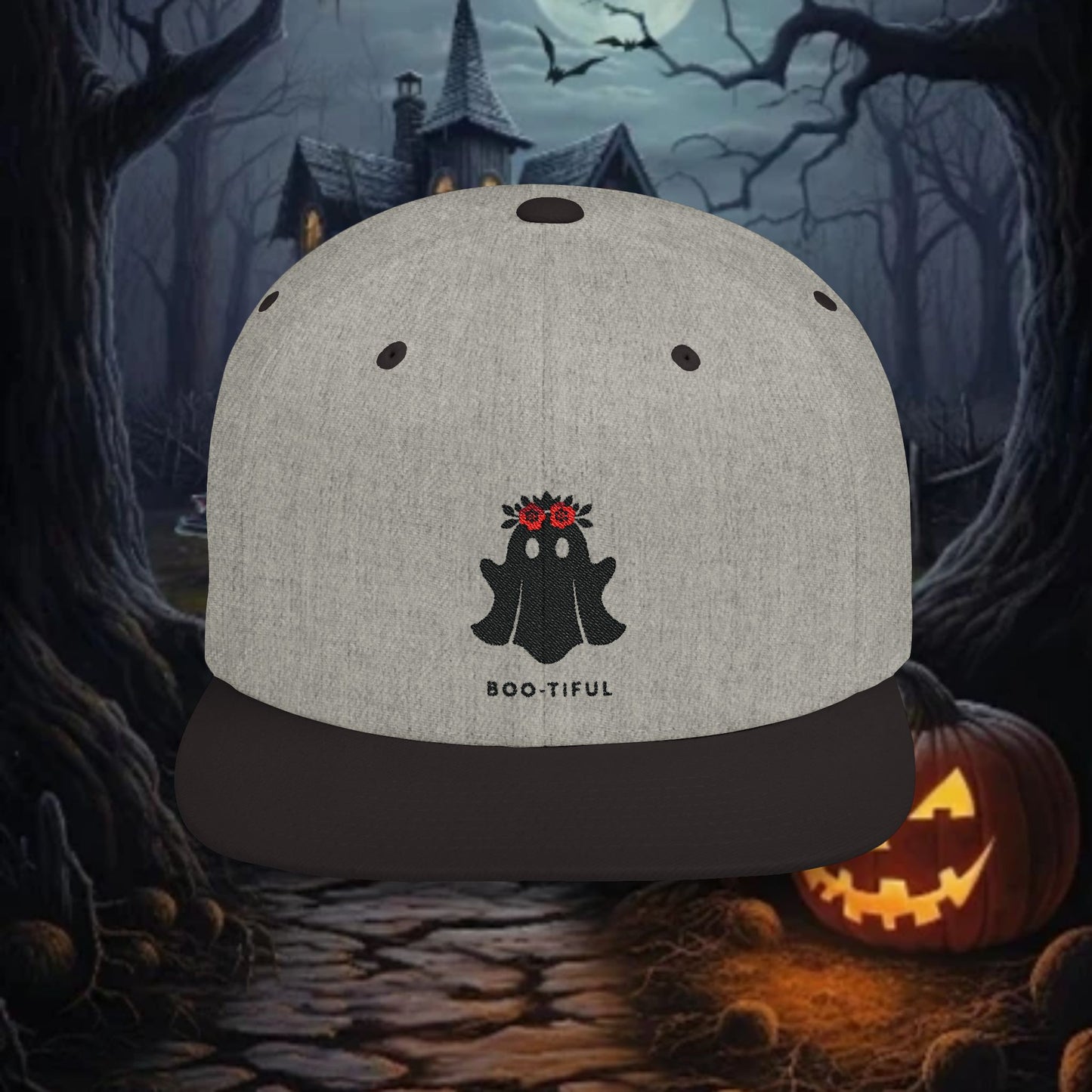 Bootiful Ghost Embroidered Flat Bill Snapback