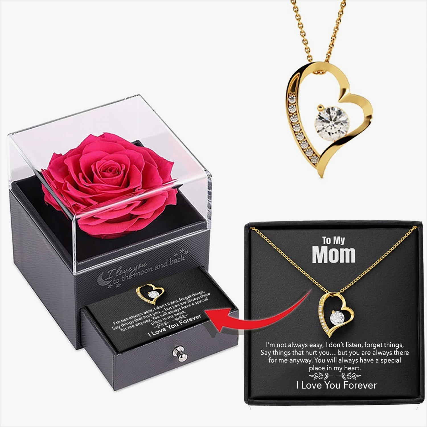 925 Sterling Silver Heart Cubic Zirconia Necklace with Rose Box & Card For Mom - NocturnalExpressions