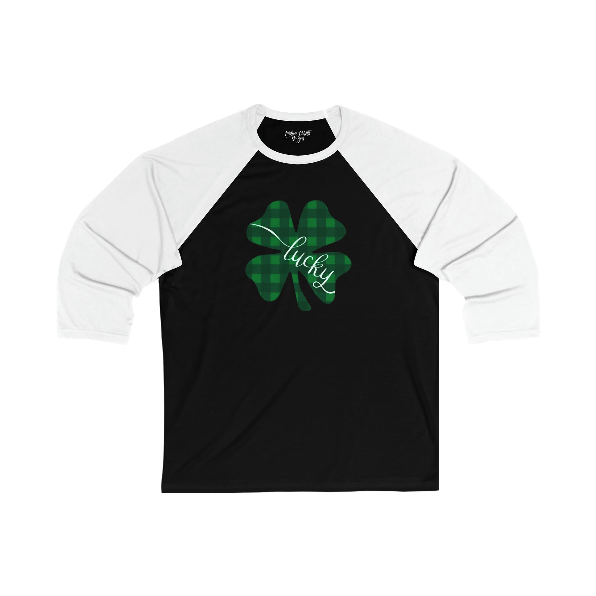 Black Plaid Shamrock Graphic 3\4 Raglan Sleeve Baseball Tee - NocturnalExpressions