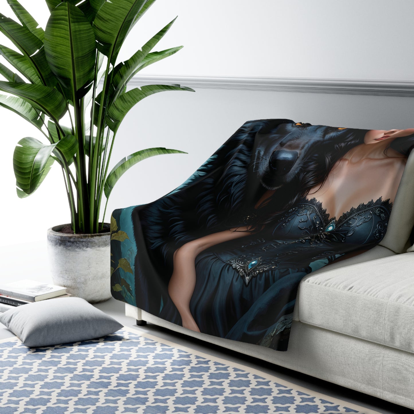 Black Wolf and Woman Fantasy Artwork Sherpa Fleece Blanket