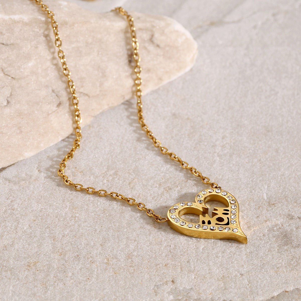 18K Gold Trendy Unique Hollow Heart Inlaid With Diamonds And Pendant Necklace With Text  MOM design