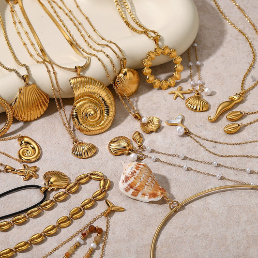 18K Gold Noble and Luxurious Shell/Fishtail/Starfish/conch/Seahorse-shaped Beach Style Necklace - NocturnalExpressions