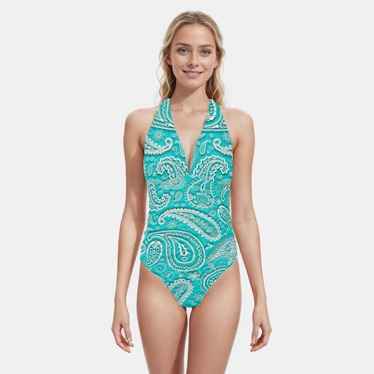 Teal and White Paisley Print Halter Top V-neck One-Piece Swimsuit - NocturnalExpressions